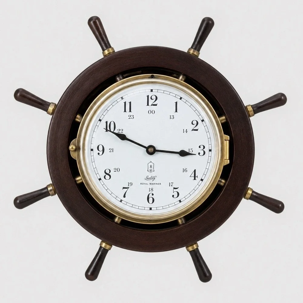 Vintage Schatz Royal Mariner Ships Wheel Clock West Germany Brass Wood Nautical